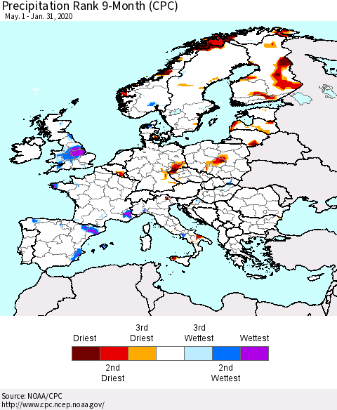 Europe Precipitation Rank since 1981, 9-Month (CPC) Thematic Map For 5/1/2019 - 1/31/2020