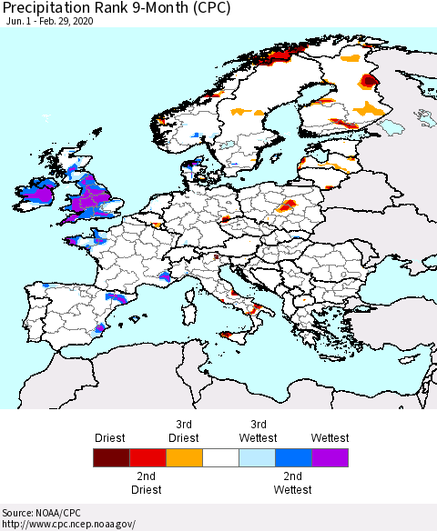 Europe Precipitation Rank since 1981, 9-Month (CPC) Thematic Map For 6/1/2019 - 2/29/2020