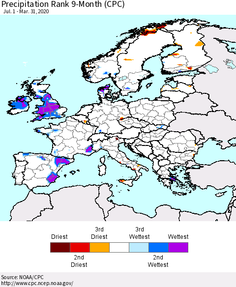 Europe Precipitation Rank since 1981, 9-Month (CPC) Thematic Map For 7/1/2019 - 3/31/2020