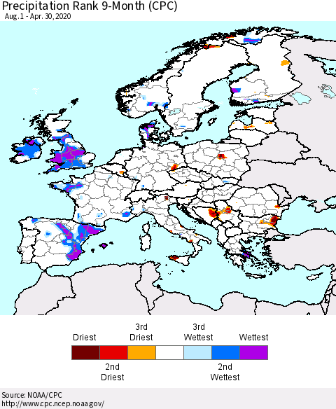 Europe Precipitation Rank since 1981, 9-Month (CPC) Thematic Map For 8/1/2019 - 4/30/2020