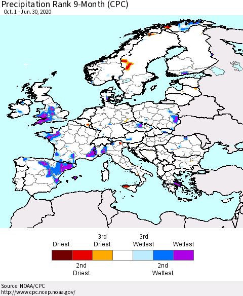 Europe Precipitation Rank since 1981, 9-Month (CPC) Thematic Map For 10/1/2019 - 6/30/2020
