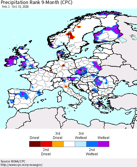 Europe Precipitation Rank 9-Month (CPC) Thematic Map For 2/1/2020 - 10/31/2020