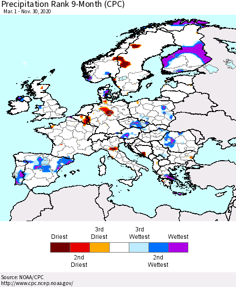 Europe Precipitation Rank 9-Month (CPC) Thematic Map For 3/1/2020 - 11/30/2020