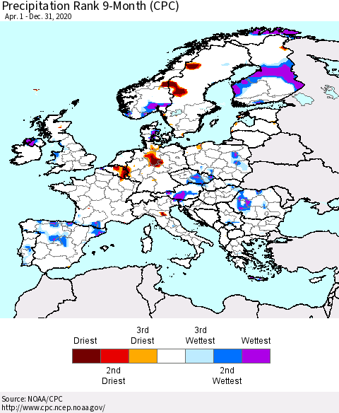 Europe Precipitation Rank 9-Month (CPC) Thematic Map For 4/1/2020 - 12/31/2020
