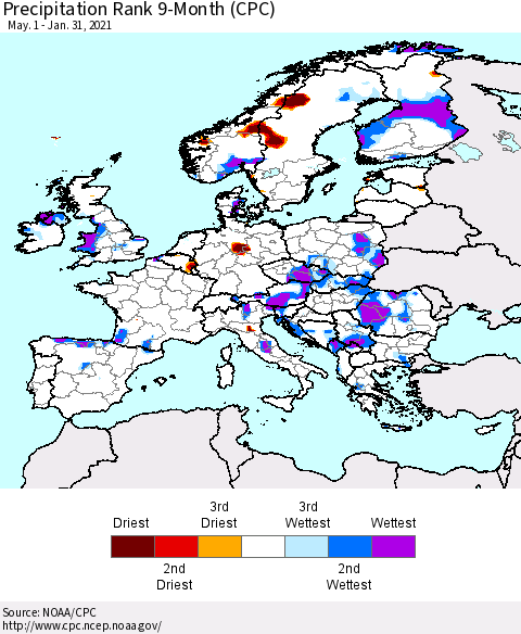 Europe Precipitation Rank 9-Month (CPC) Thematic Map For 5/1/2020 - 1/31/2021