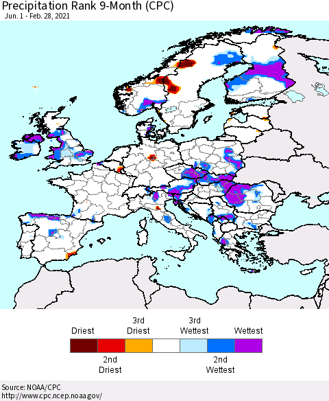 Europe Precipitation Rank 9-Month (CPC) Thematic Map For 6/1/2020 - 2/28/2021