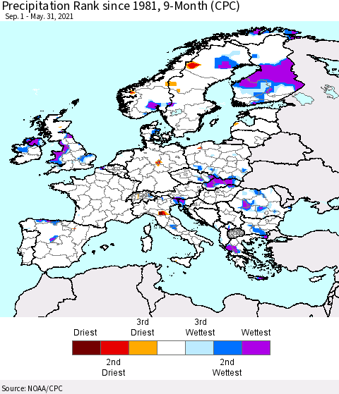 Europe Precipitation Rank 9-Month (CPC) Thematic Map For 9/1/2020 - 5/31/2021