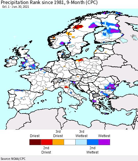 Europe Precipitation Rank 9-Month (CPC) Thematic Map For 10/1/2020 - 6/30/2021