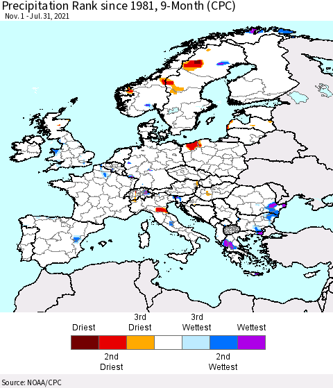 Europe Precipitation Rank 9-Month (CPC) Thematic Map For 11/1/2020 - 7/31/2021
