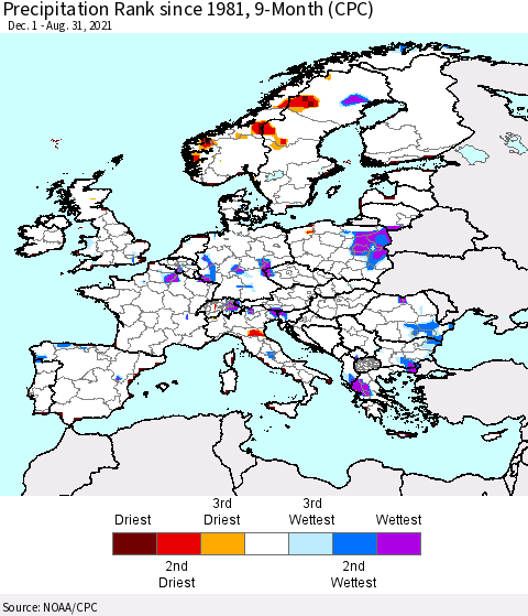 Europe Precipitation Rank 9-Month (CPC) Thematic Map For 12/1/2020 - 8/31/2021