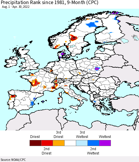 Europe Precipitation Rank since 1981, 9-Month (CPC) Thematic Map For 8/1/2021 - 4/30/2022