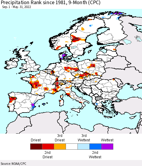 Europe Precipitation Rank since 1981, 9-Month (CPC) Thematic Map For 9/1/2021 - 5/31/2022