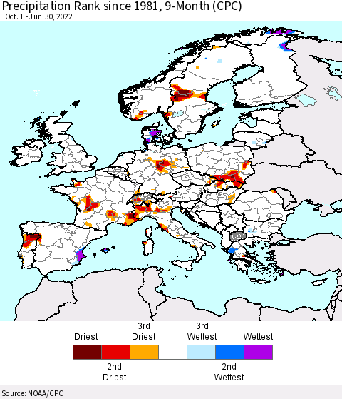 Europe Precipitation Rank since 1981, 9-Month (CPC) Thematic Map For 10/1/2021 - 6/30/2022