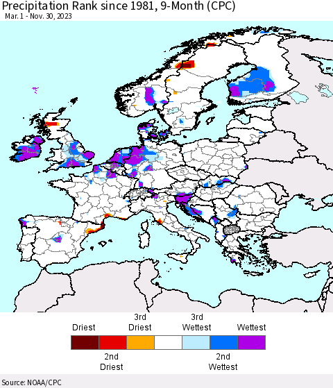 Europe Precipitation Rank since 1981, 9-Month (CPC) Thematic Map For 3/1/2023 - 11/30/2023