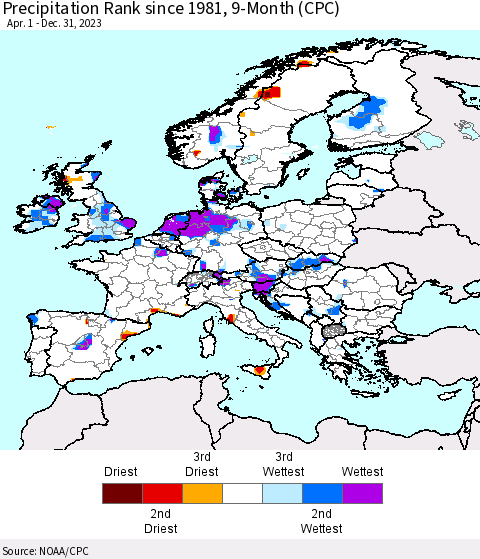 Europe Precipitation Rank since 1981, 9-Month (CPC) Thematic Map For 4/1/2023 - 12/31/2023