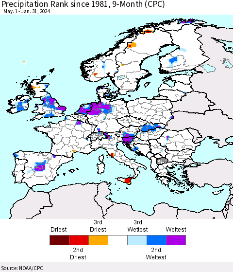 Europe Precipitation Rank since 1981, 9-Month (CPC) Thematic Map For 5/1/2023 - 1/31/2024