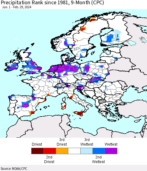Europe Precipitation Rank since 1981, 9-Month (CPC) Thematic Map For 6/1/2023 - 2/29/2024