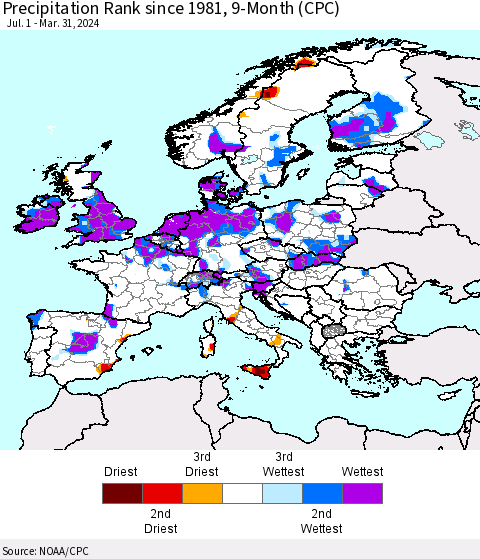 Europe Precipitation Rank since 1981, 9-Month (CPC) Thematic Map For 7/1/2023 - 3/31/2024