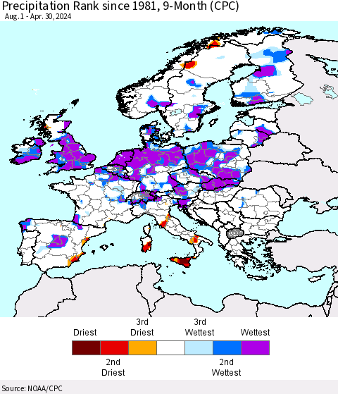 Europe Precipitation Rank since 1981, 9-Month (CPC) Thematic Map For 8/1/2023 - 4/30/2024