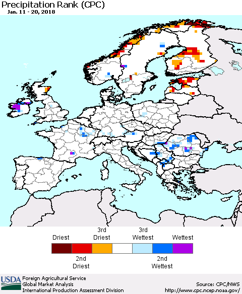 Europe Precipitation Rank since 1981 (CPC) Thematic Map For 1/11/2018 - 1/20/2018