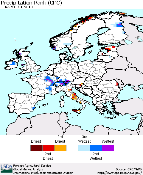 Europe Precipitation Rank since 1981 (CPC) Thematic Map For 1/21/2018 - 1/31/2018