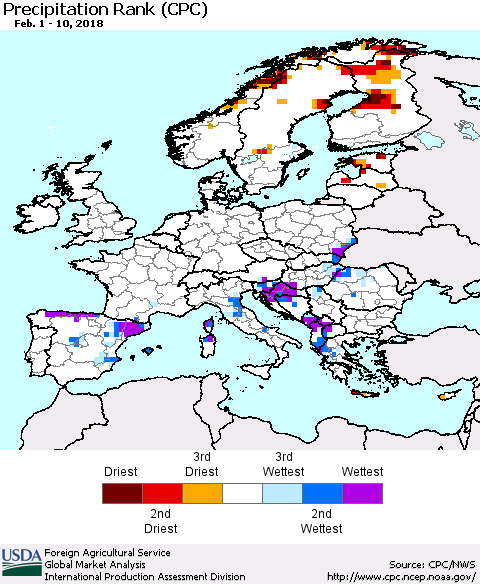 Europe Precipitation Rank since 1981 (CPC) Thematic Map For 2/1/2018 - 2/10/2018