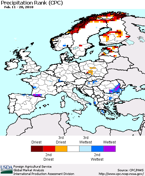 Europe Precipitation Rank since 1981 (CPC) Thematic Map For 2/11/2018 - 2/20/2018
