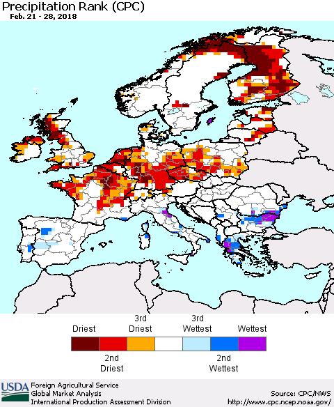 Europe Precipitation Rank since 1981 (CPC) Thematic Map For 2/21/2018 - 2/28/2018