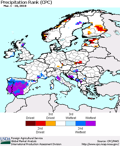 Europe Precipitation Rank since 1981 (CPC) Thematic Map For 3/1/2018 - 3/10/2018