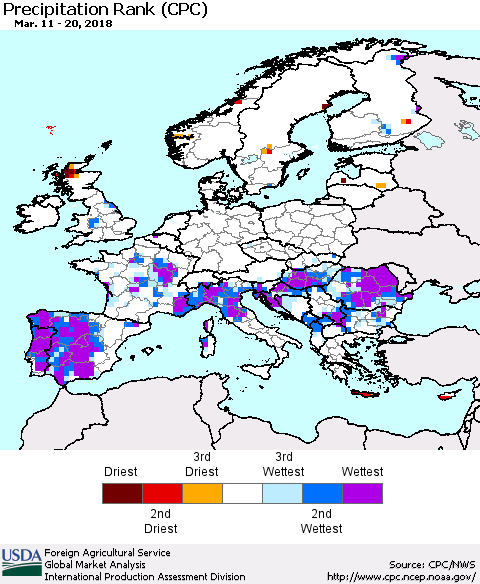 Europe Precipitation Rank since 1981 (CPC) Thematic Map For 3/11/2018 - 3/20/2018
