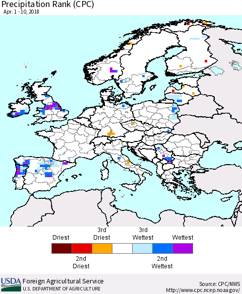 Europe Precipitation Rank since 1981 (CPC) Thematic Map For 4/1/2018 - 4/10/2018