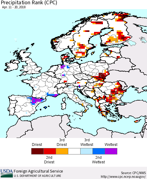 Europe Precipitation Rank since 1981 (CPC) Thematic Map For 4/11/2018 - 4/20/2018