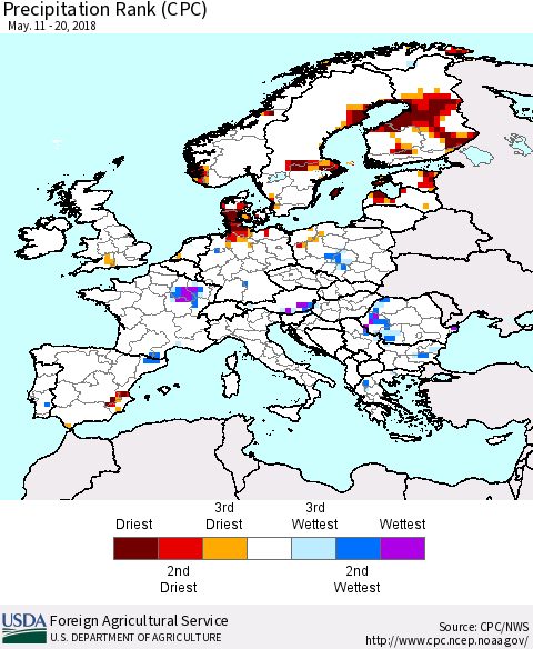 Europe Precipitation Rank since 1981 (CPC) Thematic Map For 5/11/2018 - 5/20/2018