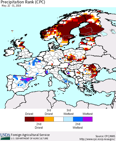 Europe Precipitation Rank since 1981 (CPC) Thematic Map For 5/21/2018 - 5/31/2018