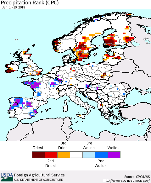 Europe Precipitation Rank since 1981 (CPC) Thematic Map For 6/1/2018 - 6/10/2018