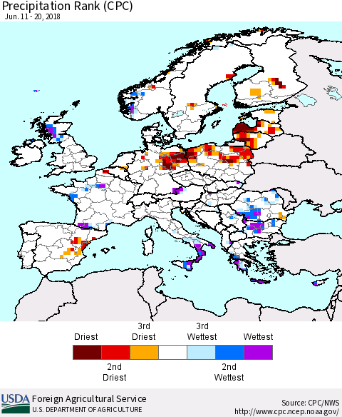 Europe Precipitation Rank since 1981 (CPC) Thematic Map For 6/11/2018 - 6/20/2018
