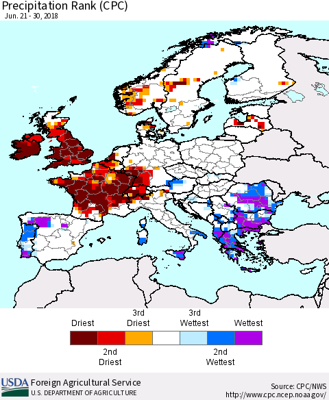 Europe Precipitation Rank since 1981 (CPC) Thematic Map For 6/21/2018 - 6/30/2018