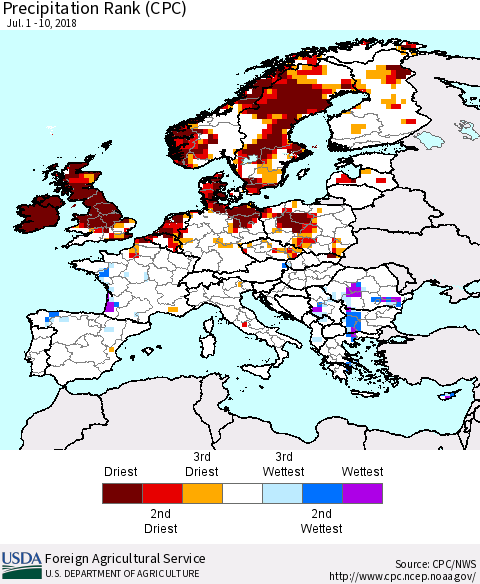 Europe Precipitation Rank since 1981 (CPC) Thematic Map For 7/1/2018 - 7/10/2018