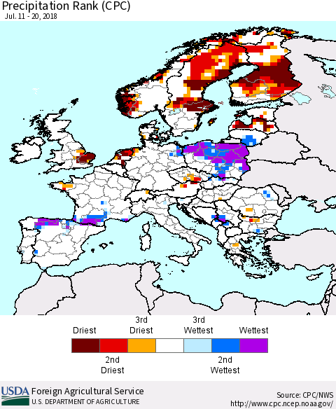 Europe Precipitation Rank since 1981 (CPC) Thematic Map For 7/11/2018 - 7/20/2018