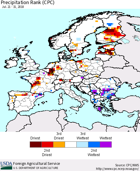Europe Precipitation Rank since 1981 (CPC) Thematic Map For 7/21/2018 - 7/31/2018