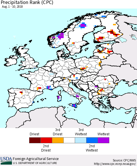 Europe Precipitation Rank since 1981 (CPC) Thematic Map For 8/1/2018 - 8/10/2018