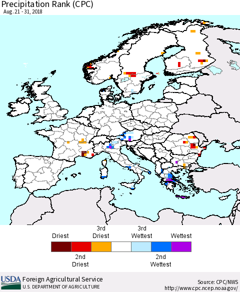 Europe Precipitation Rank since 1981 (CPC) Thematic Map For 8/21/2018 - 8/31/2018