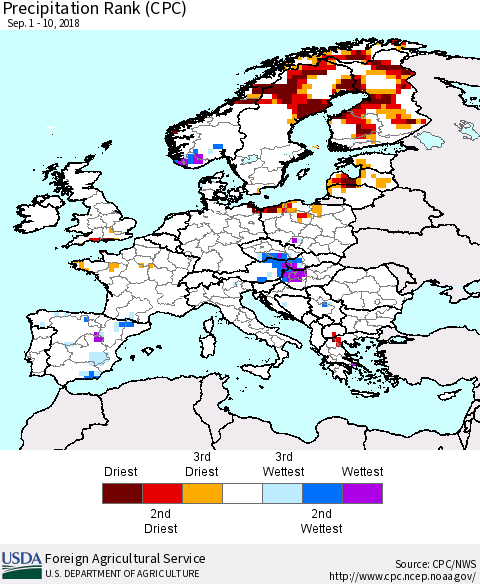 Europe Precipitation Rank since 1981 (CPC) Thematic Map For 9/1/2018 - 9/10/2018