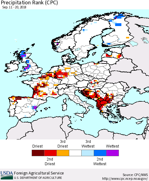 Europe Precipitation Rank since 1981 (CPC) Thematic Map For 9/11/2018 - 9/20/2018