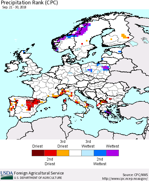 Europe Precipitation Rank since 1981 (CPC) Thematic Map For 9/21/2018 - 9/30/2018