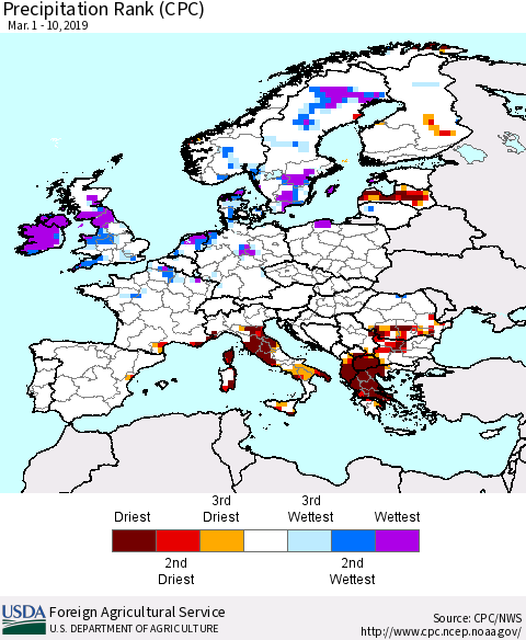 Europe Precipitation Rank since 1981 (CPC) Thematic Map For 3/1/2019 - 3/10/2019