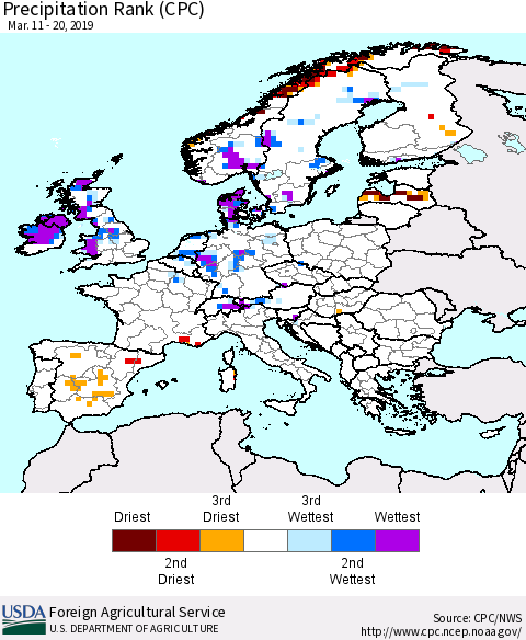 Europe Precipitation Rank since 1981 (CPC) Thematic Map For 3/11/2019 - 3/20/2019