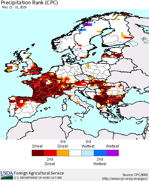 Europe Precipitation Rank since 1981 (CPC) Thematic Map For 3/21/2019 - 3/31/2019