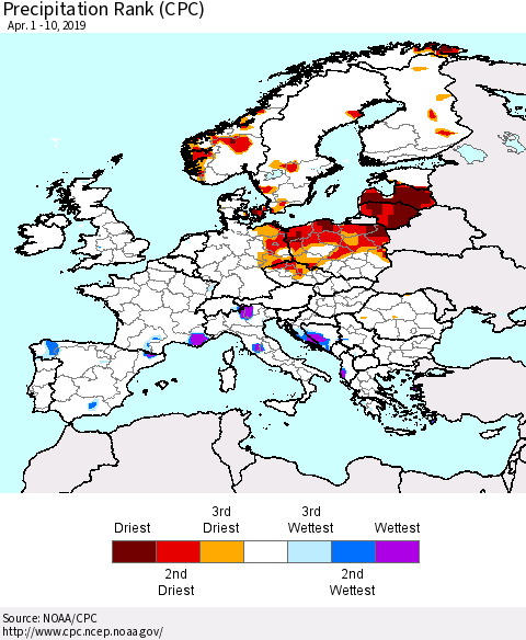 Europe Precipitation Rank since 1981 (CPC) Thematic Map For 4/1/2019 - 4/10/2019