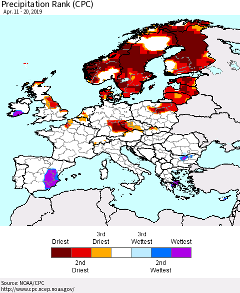 Europe Precipitation Rank since 1981 (CPC) Thematic Map For 4/11/2019 - 4/20/2019